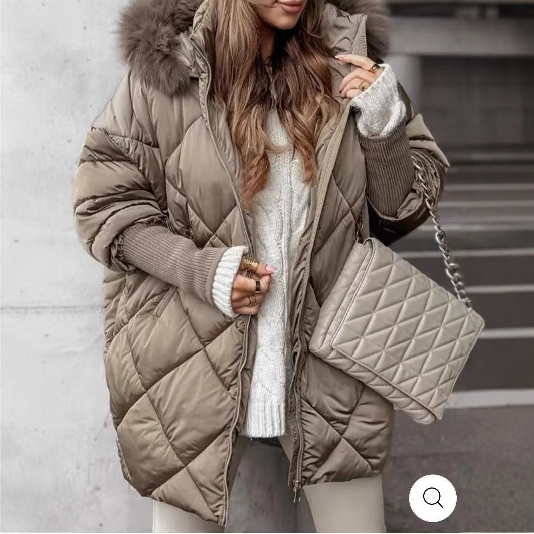 Damen Oversized Steppjacke mit abnehmbarem Kunstfellkragen EB