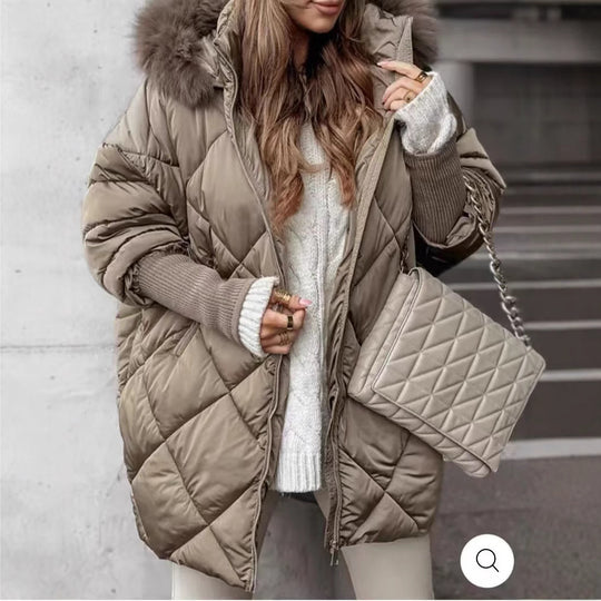 Damen Oversized Steppjacke mit abnehmbarem Kunstfellkragen EB