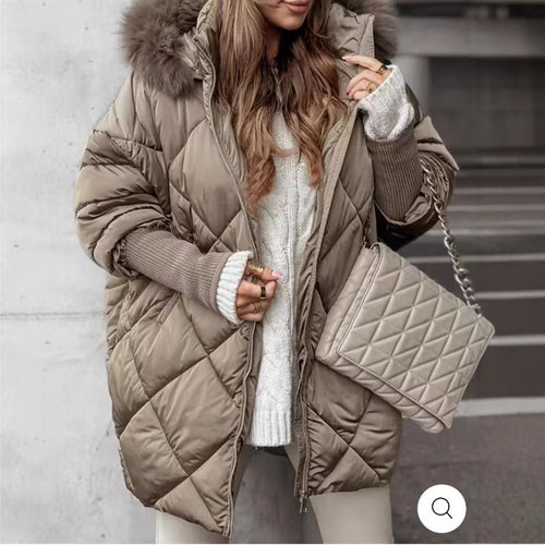 Damen Oversized Steppjacke mit abnehmbarem Kunstfellkragen EB