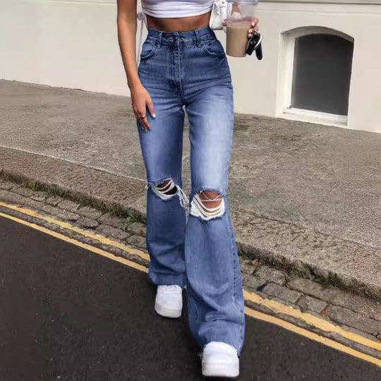 Damen Flared Jeans mit modischen Ripped-Details und hohem Bund EB