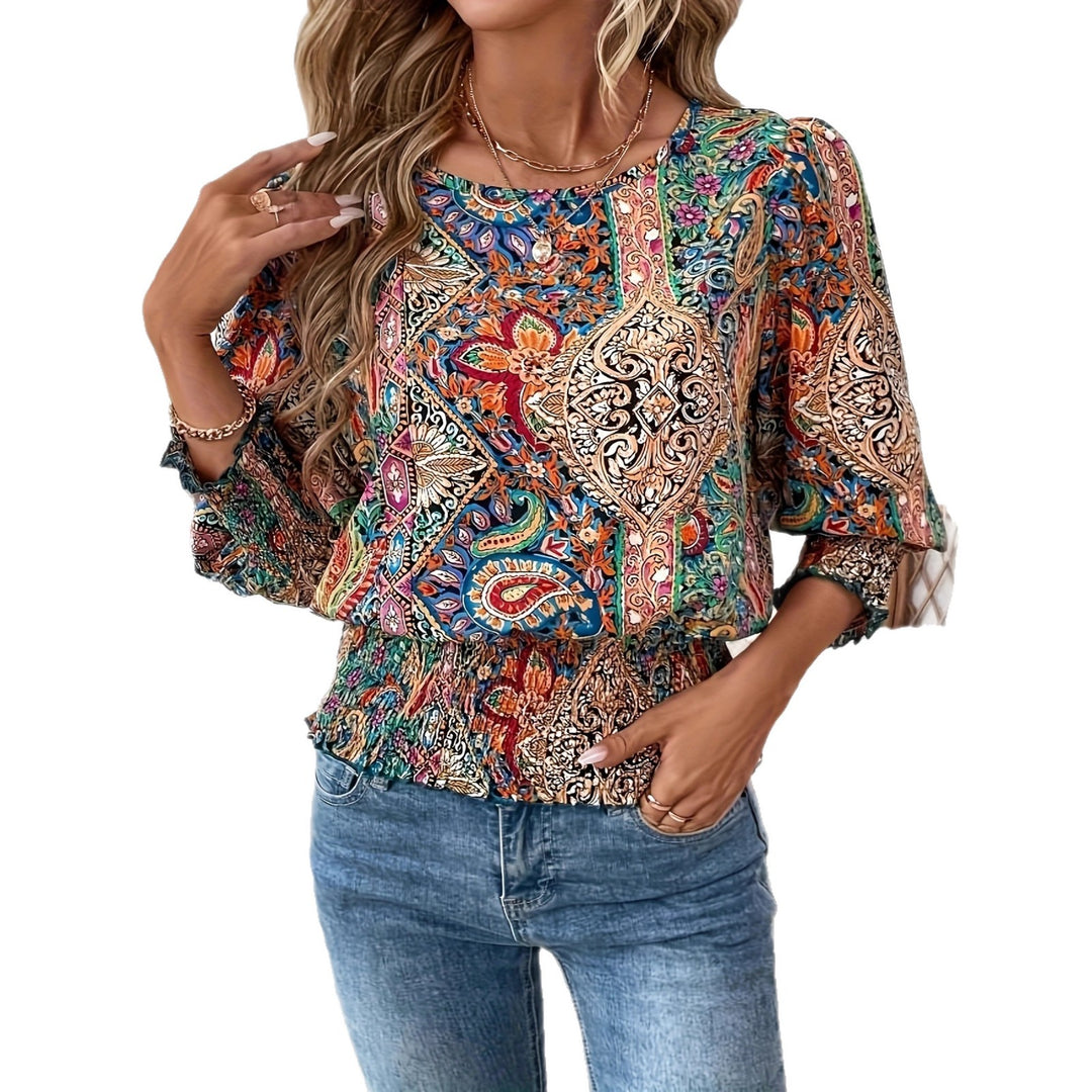 Damen Volantbluse mit buntem Boho-Design und elastischem Bund EB