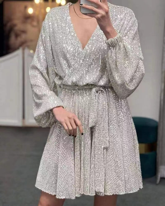 Damen Glitzerndes Mini-Kleid mit V-Ausschnitt und eleganten Puffärmeln EB
