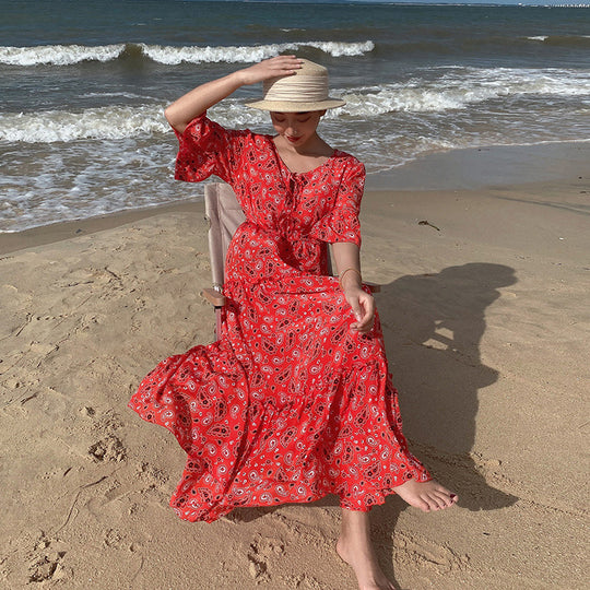Damen fließendes Maxikleid mit schickem Paisleymuster und Taillenbindung EB