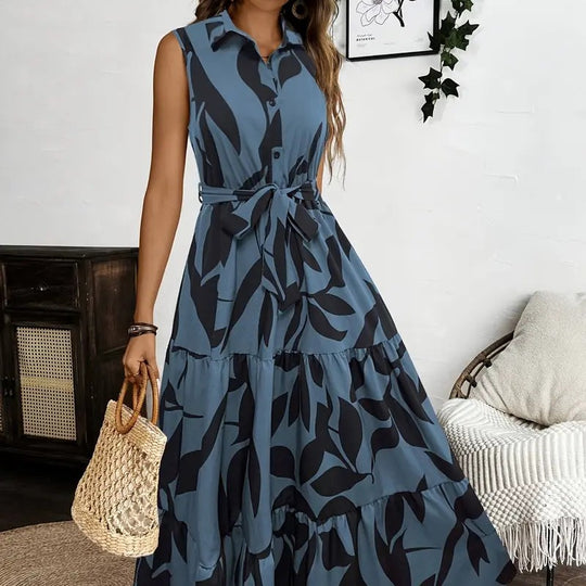 Damen Maxi-Kleid mit maskulinem Blätterdruck und tailliertem Gürtel EB