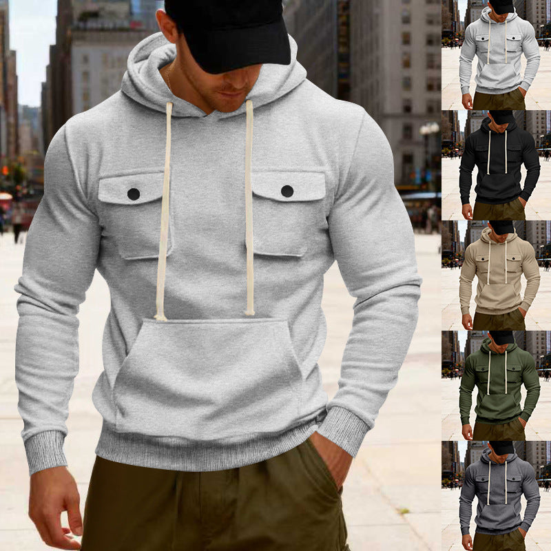 Herren nan urbaner Kapuzenpullover mit Brustklappen, Kängurutasche und athletischem Schnitt EB