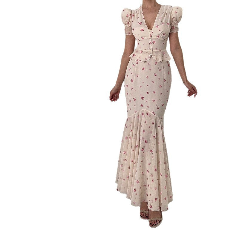 Damen Elegantes Maxikleid mit Puffärmeln und Rüschen EB