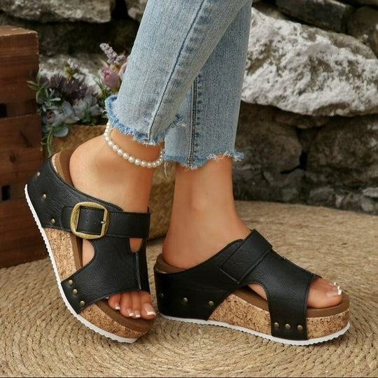 Damen Clogs mit modischem Kork-Plateau und verstellbarem Riemen EB