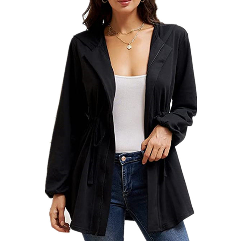 Damen lässige Oversized-Hemdjacke mit Kapuze und Taillenzug EB