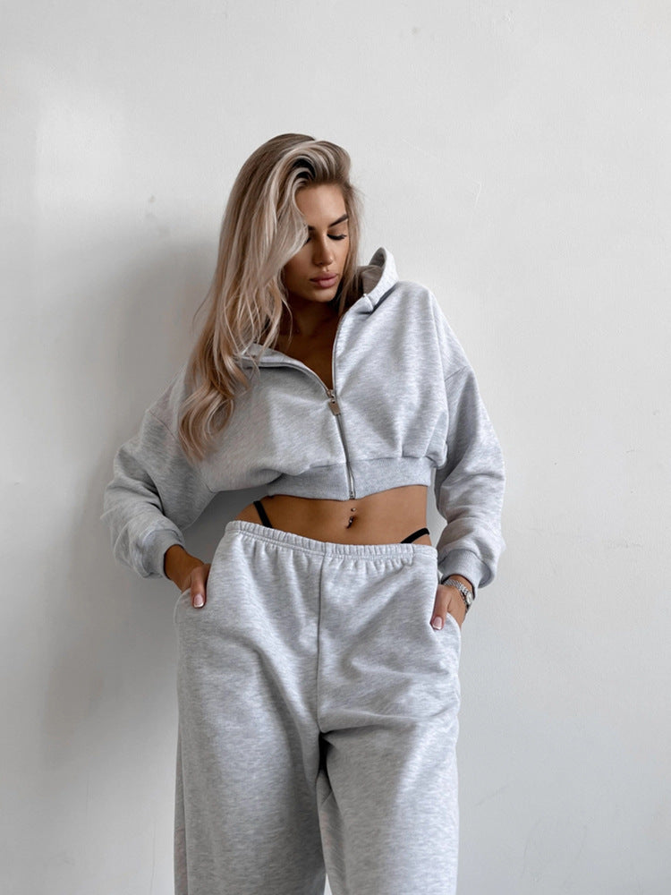 Damen Zweiteiliges Cropped-Zip-Hoodie Set mit taillenhoher Relax-Jogginghose und elastischem Bund EB