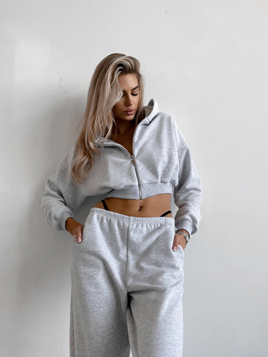 Damen Zweiteiliges Cropped-Zip-Hoodie Set mit taillenhoher Relax-Jogginghose und elastischem Bund EB