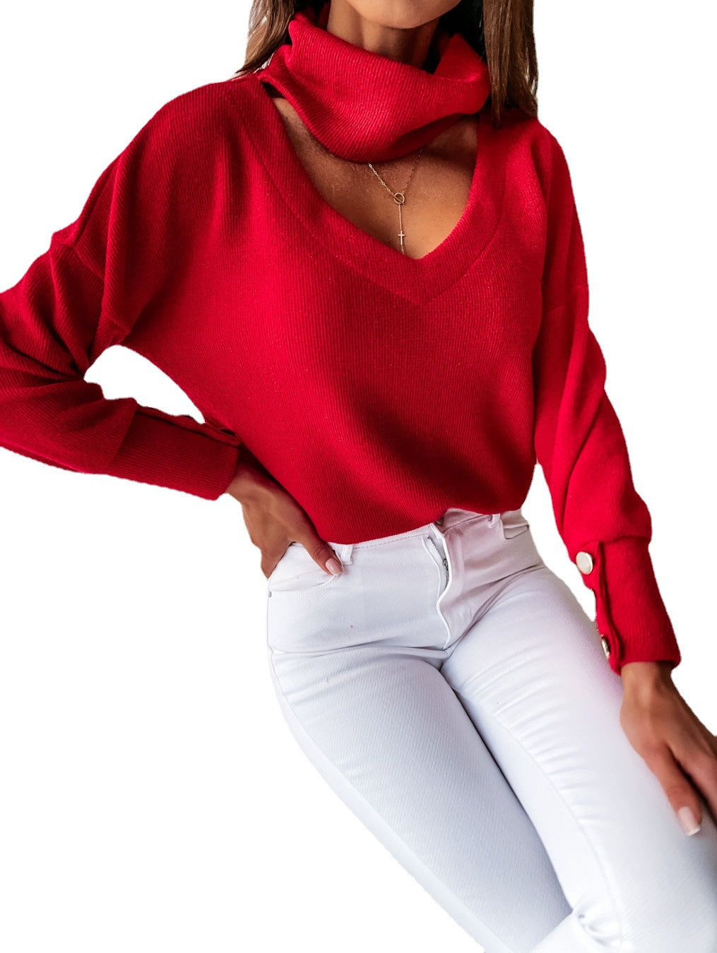 Damen eleganter Pullover mit hochwertigem Halsausschnitt und schicken Druckknöpfen EB