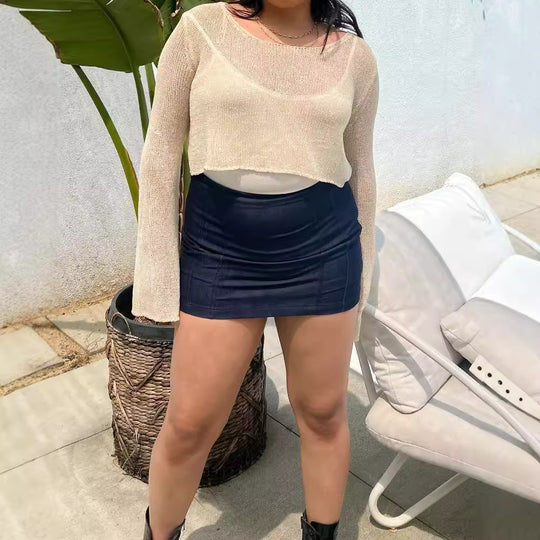 Damen luftiges Strickoberteil mit weitem Schnitt und eleganten Trompetenärmeln EB