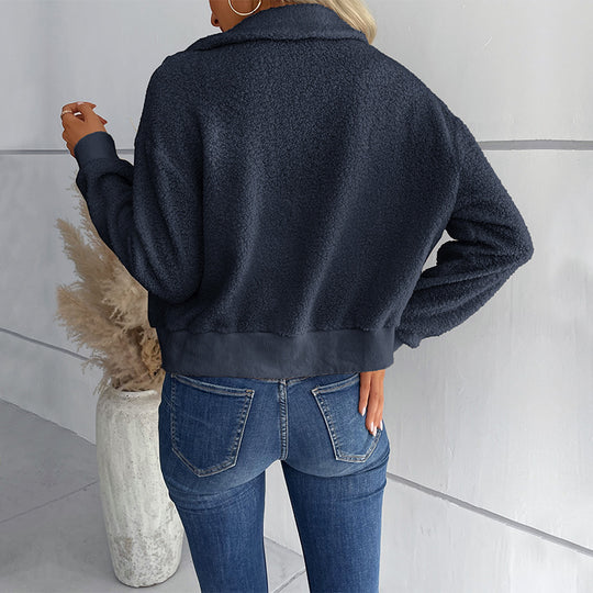 Damen Sportliche Plüschjacke mit Reißverschluss und praktischen Taschen EB