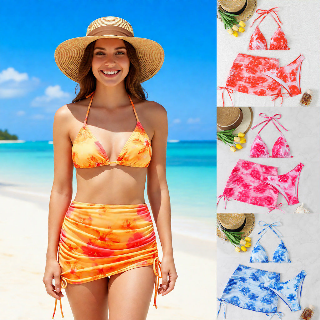 Damen Triangel-Bikini-Set mit verstellbaren Trägern und floralem Wickelrock EB