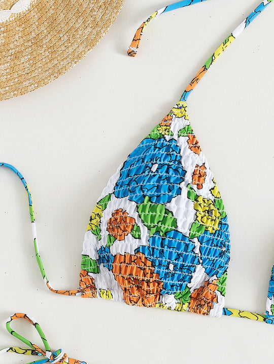 Damen Triangel-Bikini mit floralem Design und verstellbaren Bindebändern EB
