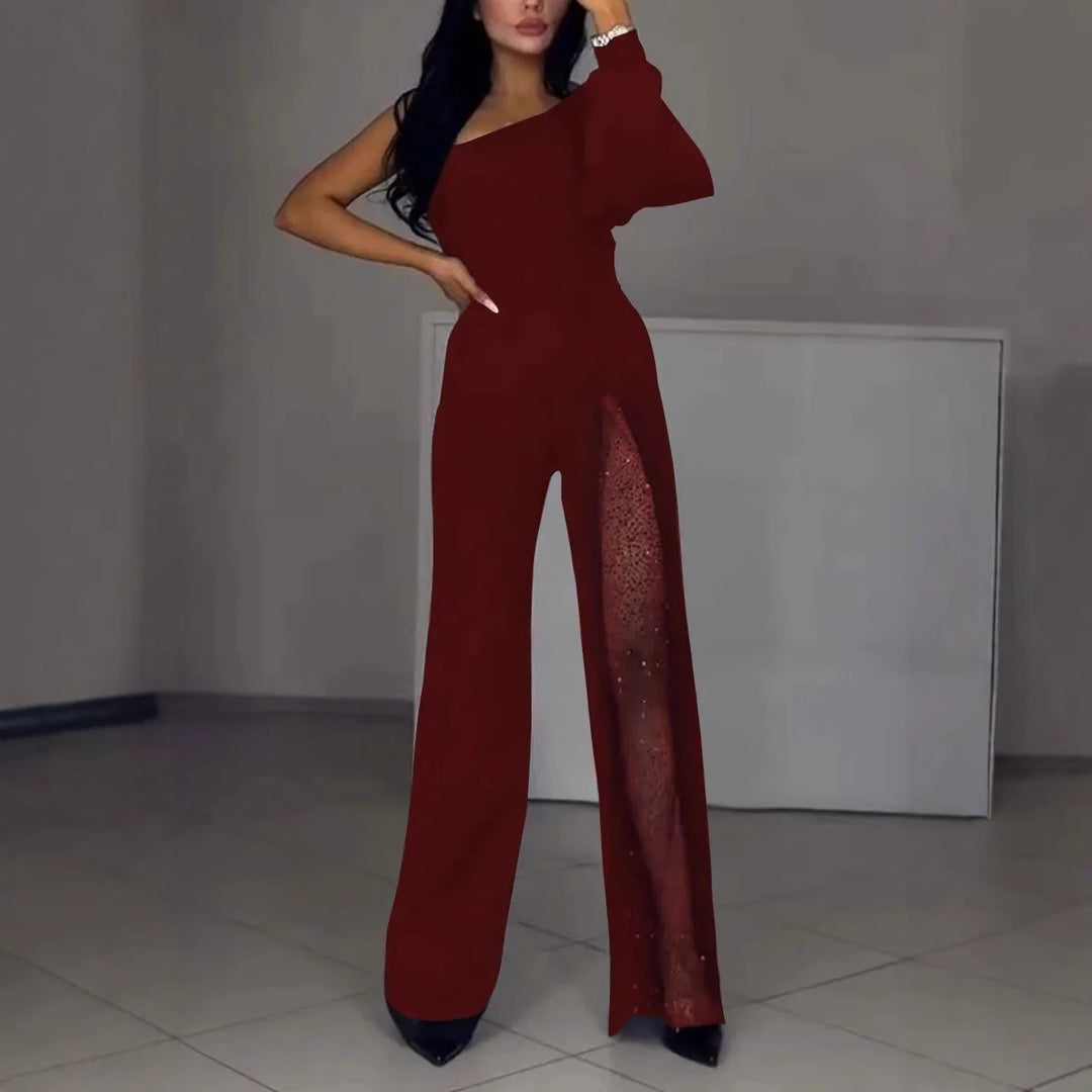 Damen Eleganter Jumpsuit mit transparenten Einsätzen und Pailletten EB