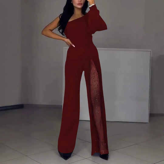 Damen Eleganter Jumpsuit mit transparenten Einsätzen und Pailletten EB