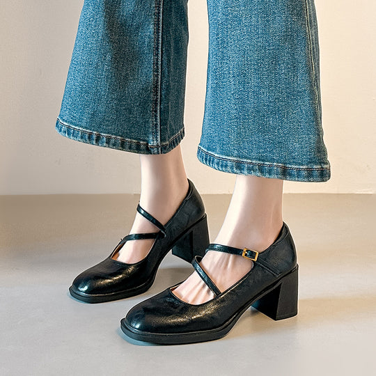 Damen Mary Jane Pumps mit elegantem Riemchen und komfortablem Blockabsatz EB
