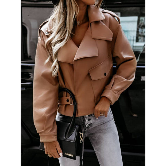 Damen Bikerjacke aus Kunstleder mit eleganter Schnalle und Taschen EB