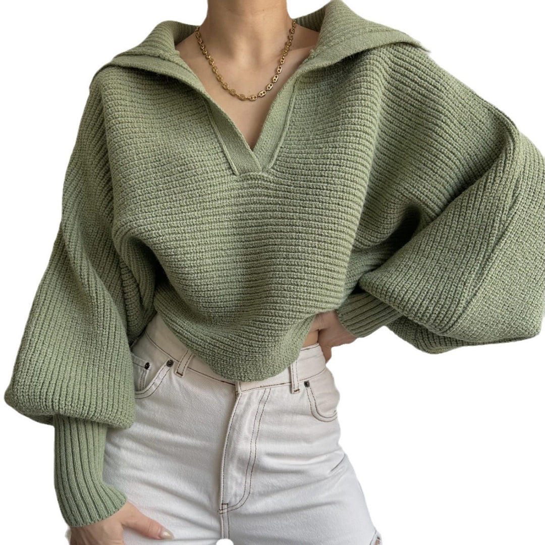 Damen nan Grobstrick-Pullover mit weitem Kragen und V-Ausschnitt EB