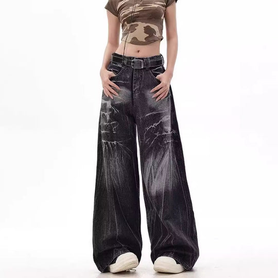 Damen Weite Jeanshose mit modischem Used-Look und hohem Bund EB