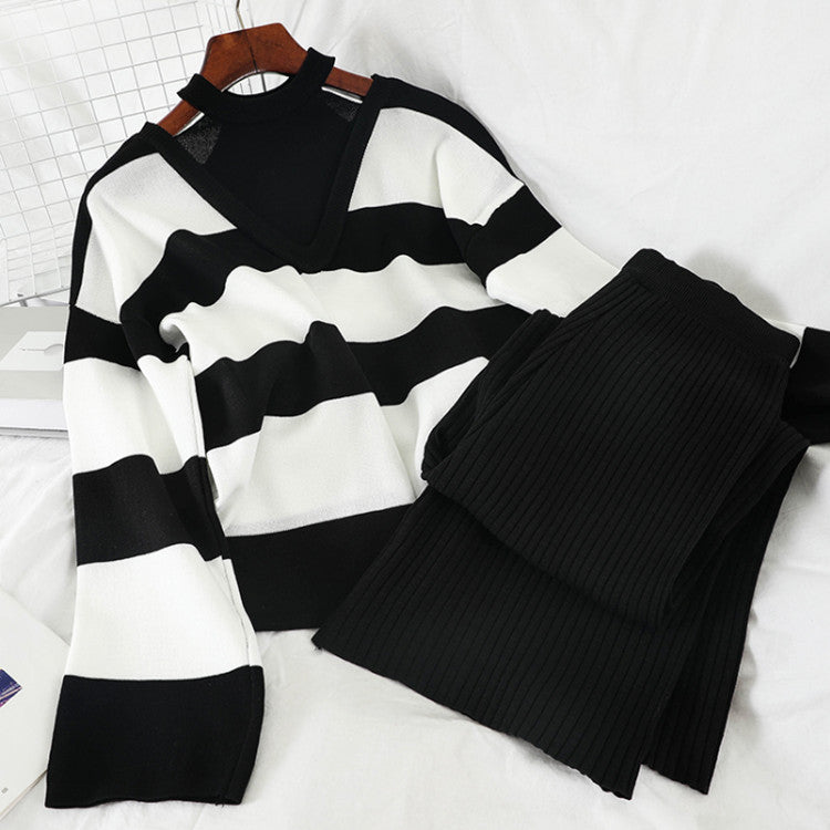 Damen modisches Strick-Loungewear-Set mit Streifenmuster und hohem Kragen EB