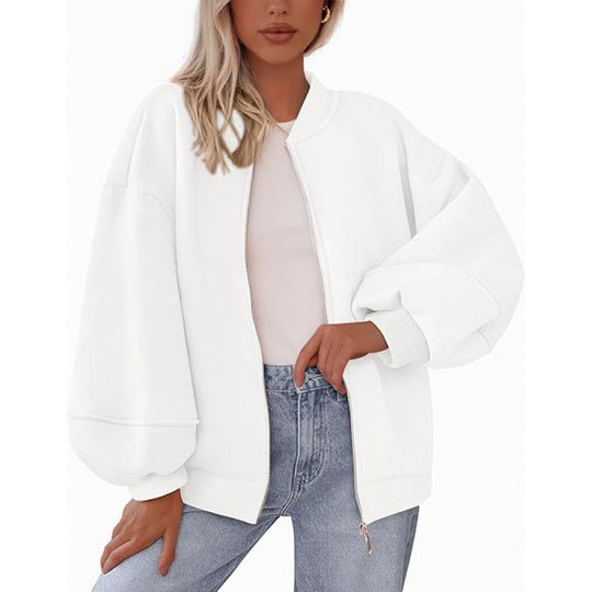 Damen lässige Oversized-Jacke mit Reißverschluss und ballonen Ärmeln EB