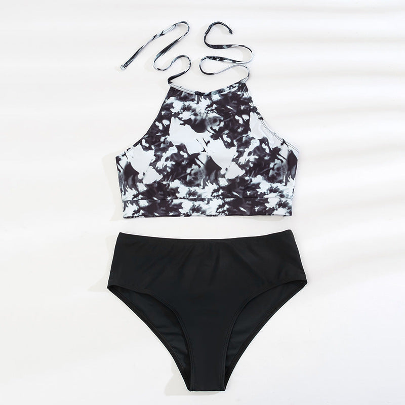 Damen Crop-Top Bikini mit hohem Kragen und floralen Mustern EB