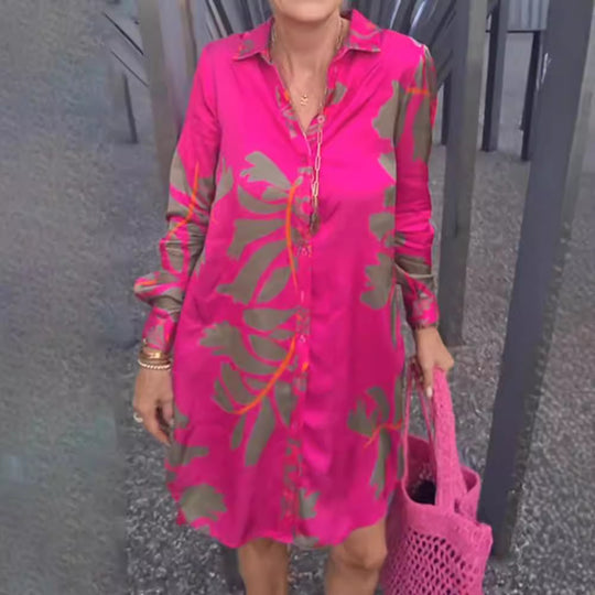 Damen Hemdblusenkleid mit kunstvollem Floral-Design und Knopfdetails Heidi-Mode