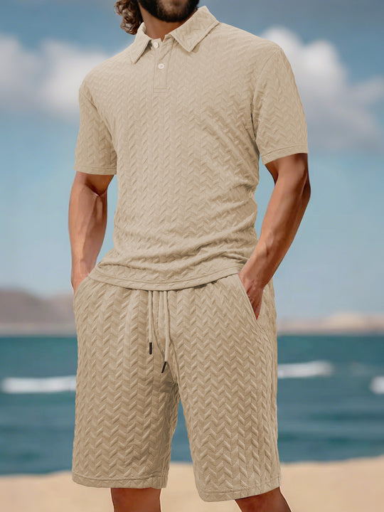 Herren nan geprägtes Strand-Ensemble mit offenem Kurzarm-Hemd und Kordel-Bermuda EB