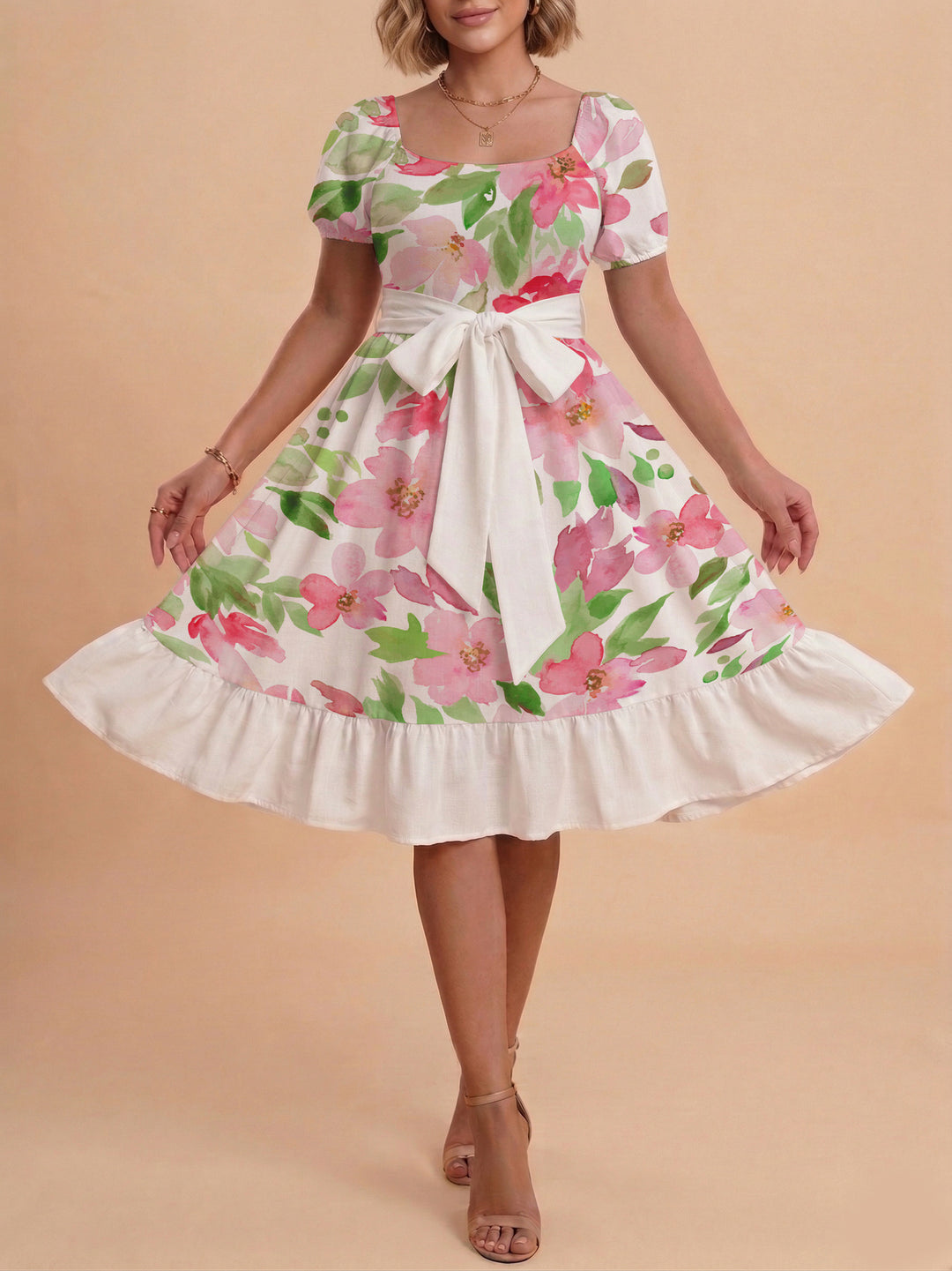 Damen A-Linien-Kleid mit floralen Motiven und taillierbarem Gürtel EB