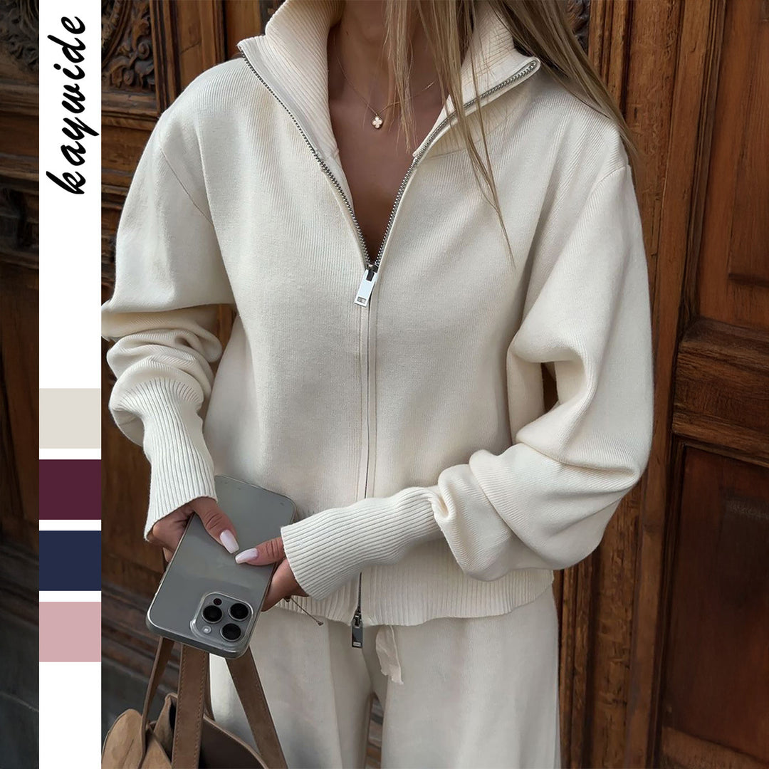 Damen nan Strick-Loungewear-Set mit halbhohem Kragen, Reißverschluss und weitem Highwaist-Hose EB