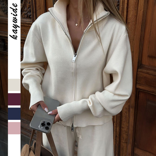 Damen nan Strick-Loungewear-Set mit halbhohem Kragen, Reißverschluss und weitem Highwaist-Hose EB