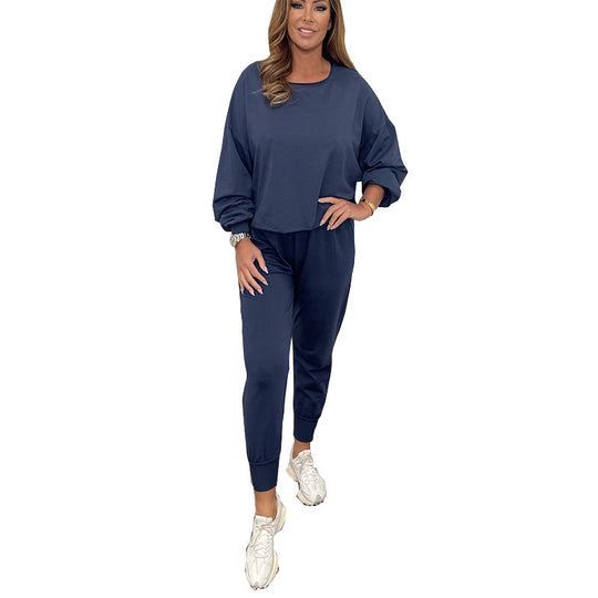 Damen Lässiges Fleece-Loungewear-Set mit weitem Oberteil und elastischen Hosen EB
