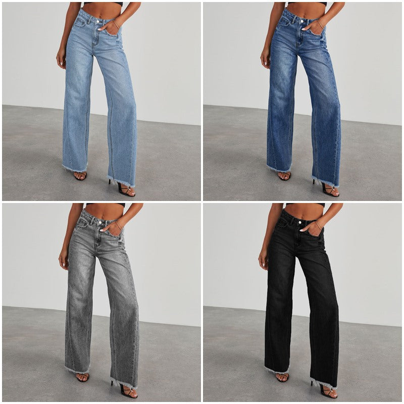 Damen Weit geschnittene Jeans mit trendigem fransigem Saum EB