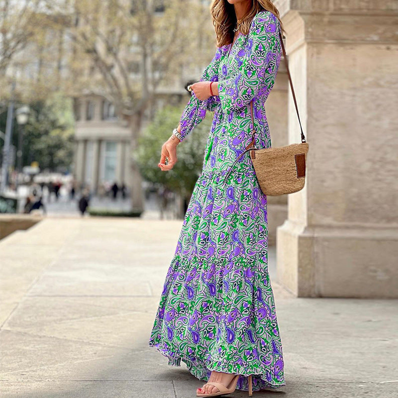 Damen Maxikleid mit gebundenem V-Ausschnitt und voluminösen Ärmeln EB