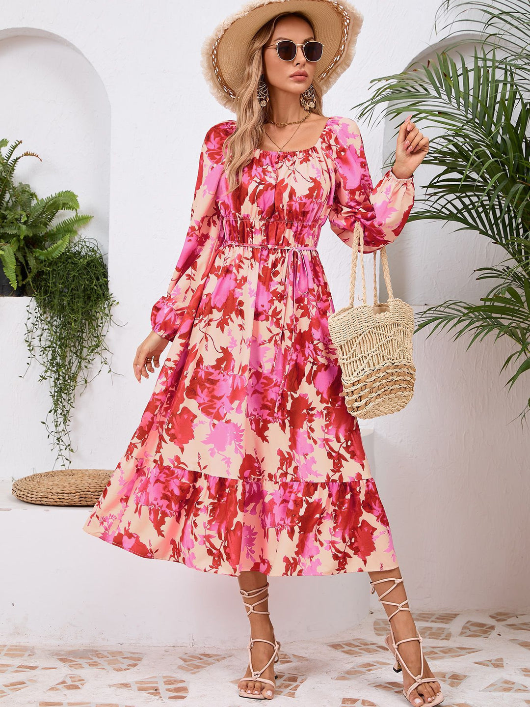 Damen Maxikleid mit floralem Design und elastischem Taillengürtel EB