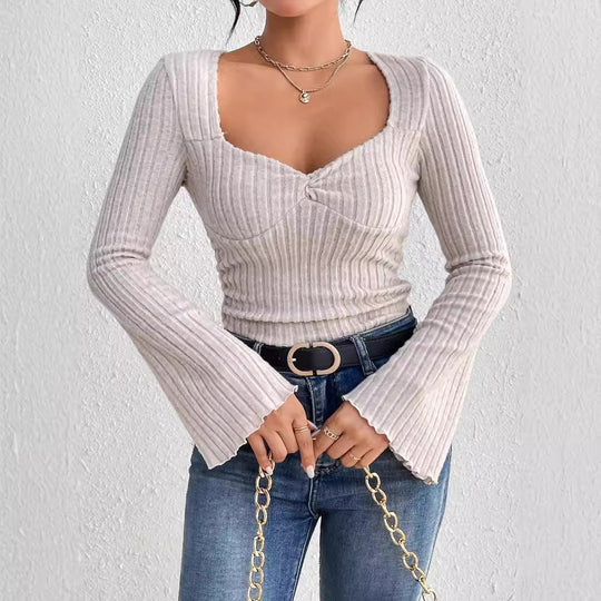 Damen geripptes Langarm-Top mit herzförmigem Dekolleté Taillennaht Twist-Detail und Trompetenärmeln Eichborn Berlin