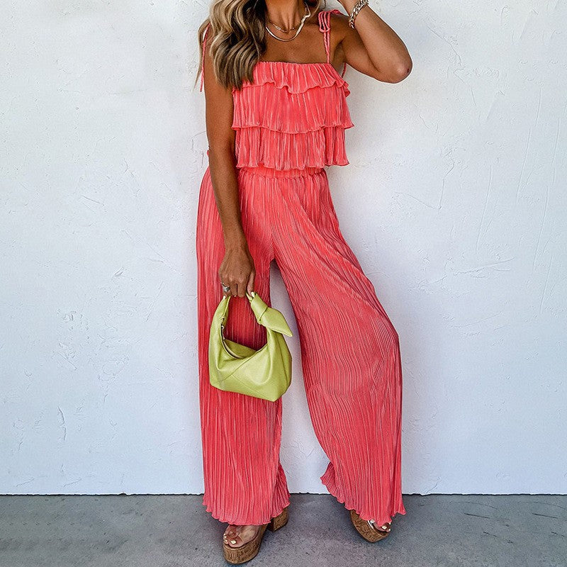 Damen Fließendes Jumpsuit mit Rüschendetails und stylischen Spaghetti-Trägern EB