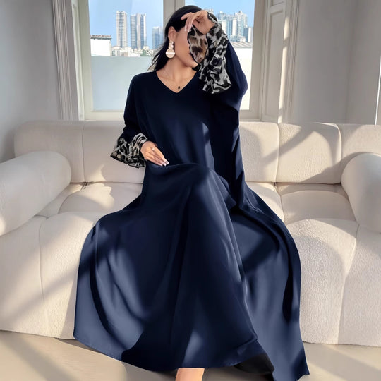 Damen Fließendes Maxikleid mit eleganten Ärmeln und V-Ausschnitt EB