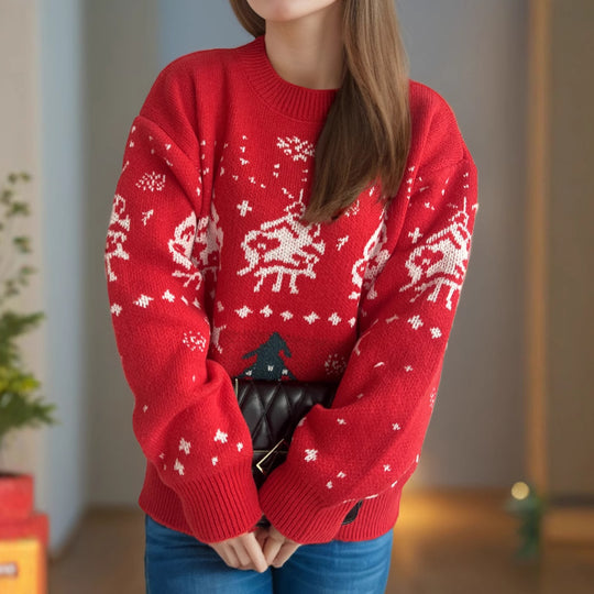 Damen gestrickter Weihnachtspullover mit festlichen Motiven und lässigem Schnitt EB