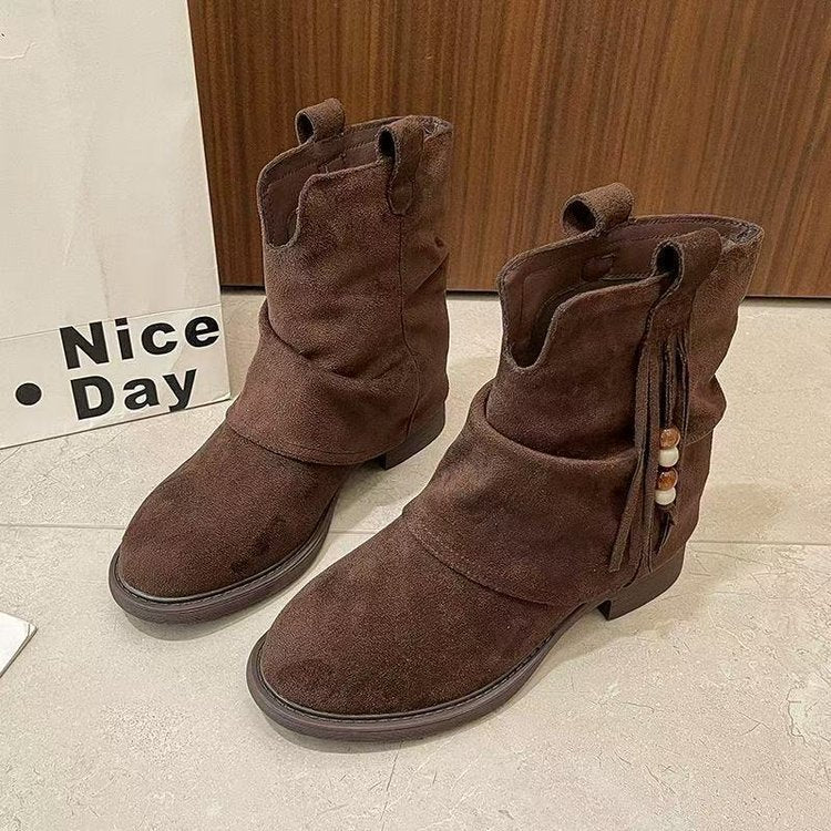 Damen Elegante Ankle Boots aus hochwertigem Wildleder mit dekorativem Tassel-Detail EB