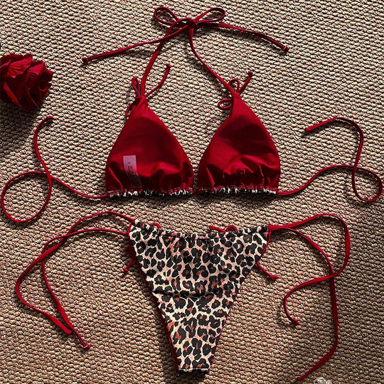 Damen Triangel-Bikini mit Leopardenmuster und raffinierten Schnürdetails EB