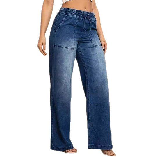 Damen Weit geschnittene Jeanshose mit elastischem Bund und modischem Used-Look EB