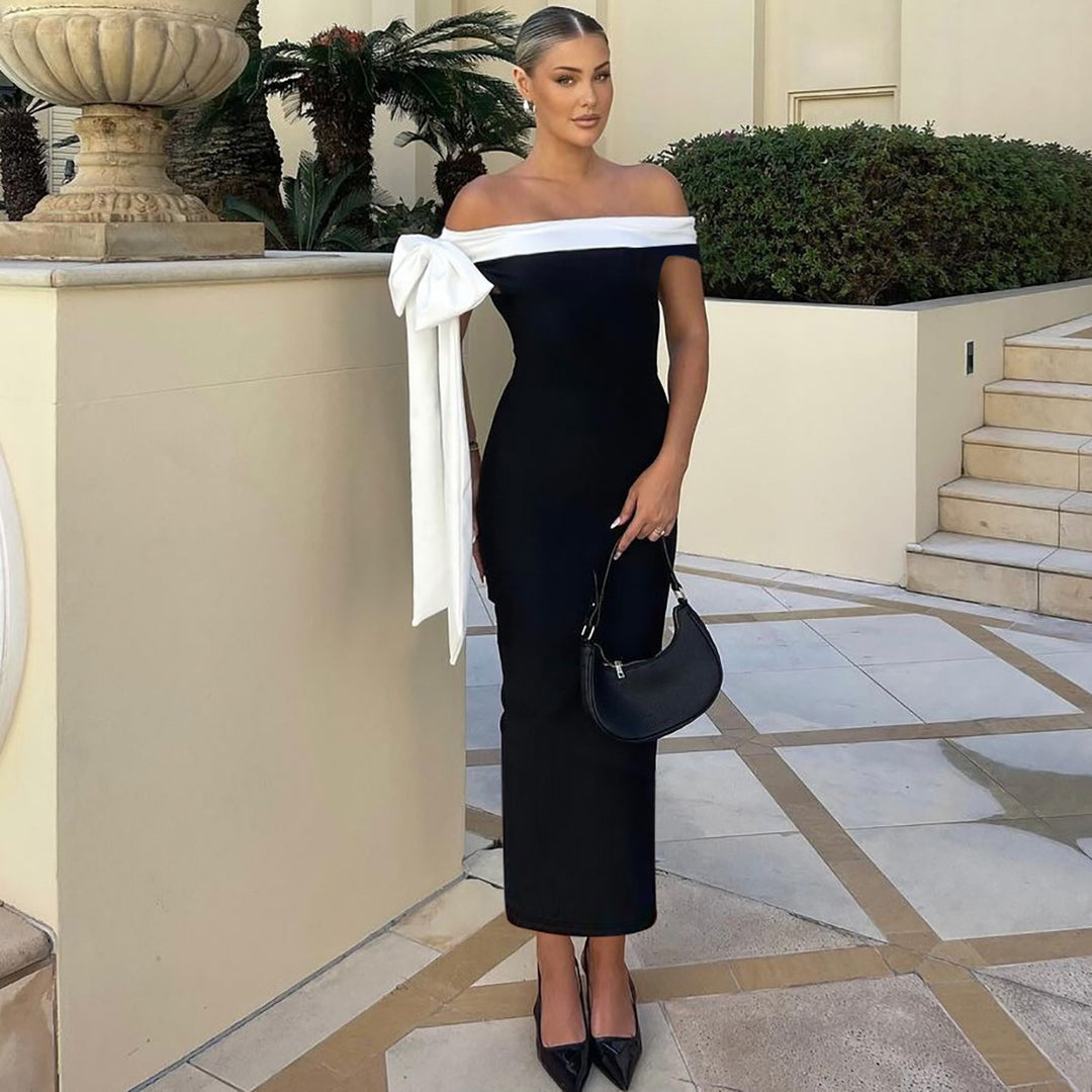 Damen Elegantes Maxikleid mit schulterfreiem Design und dekorativem Schleifendetail EB