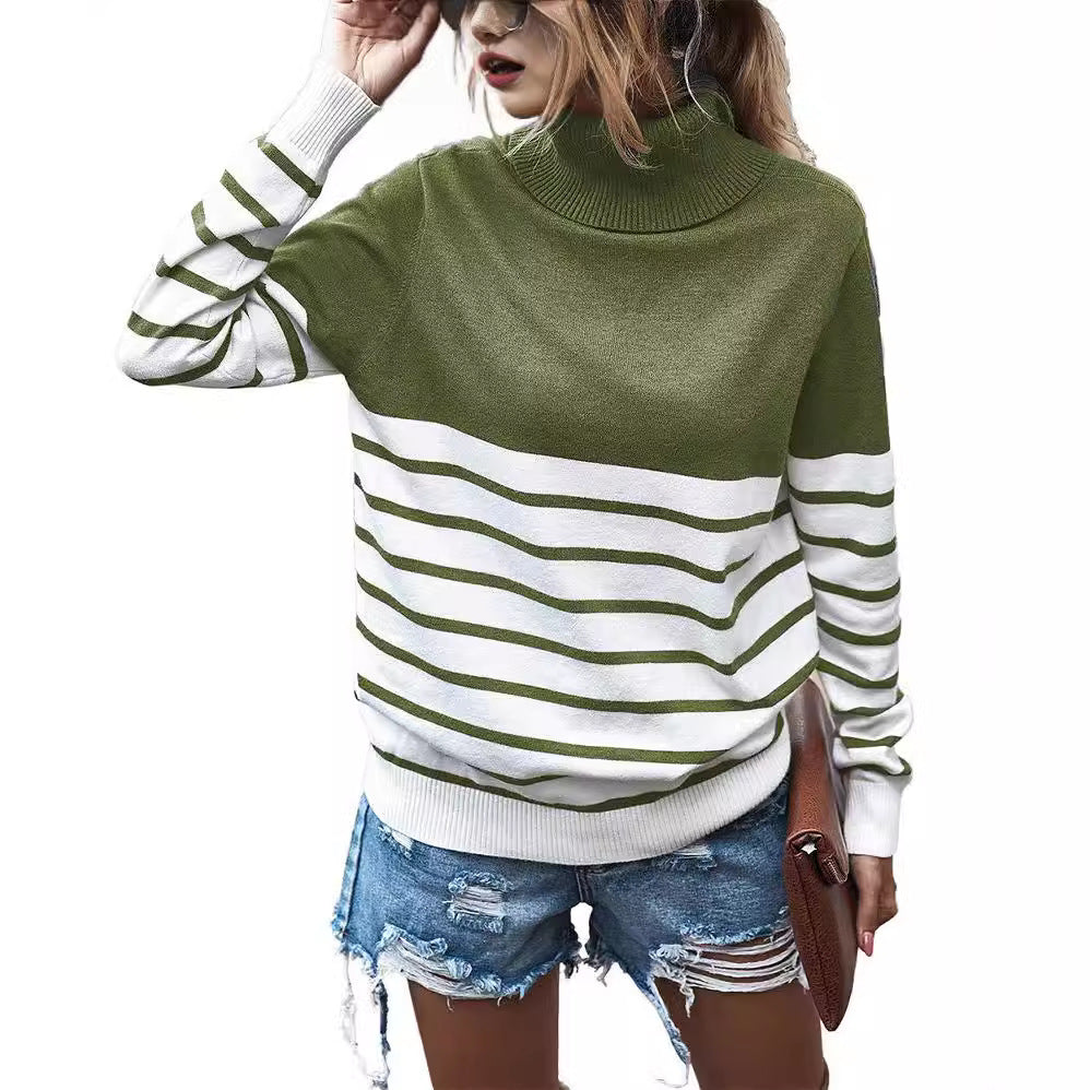 Damen gemütlicher Rollkragenpullover mit Streifenmuster EB