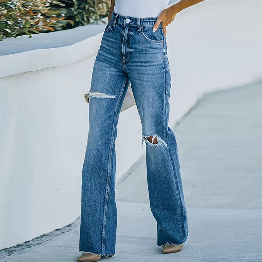 Damen Weit geschnittene High-Waist Jeans mit modischen Destroyed-Details EB