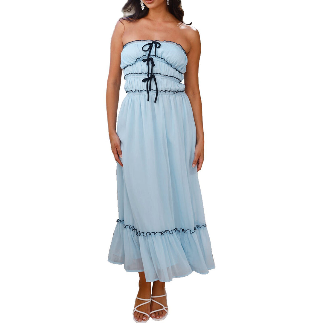 Damen Maxikleid mit dekorativen Rüschendetails und verstellbarem Bindegürtel EB