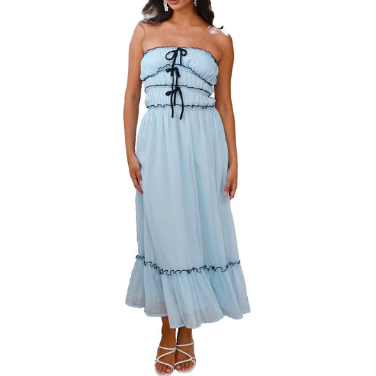 Damen Maxikleid mit dekorativen Rüschendetails und verstellbarem Bindegürtel EB