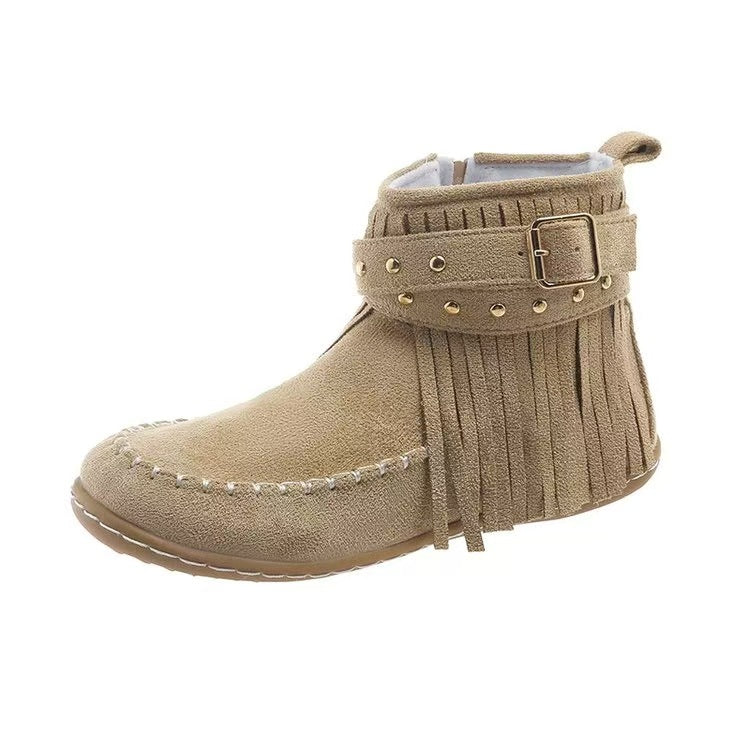 Damen nan Fransen-Mokassin-Stiefelette mit Ziergurt, Schnalle und weicher Gummisohle EB
